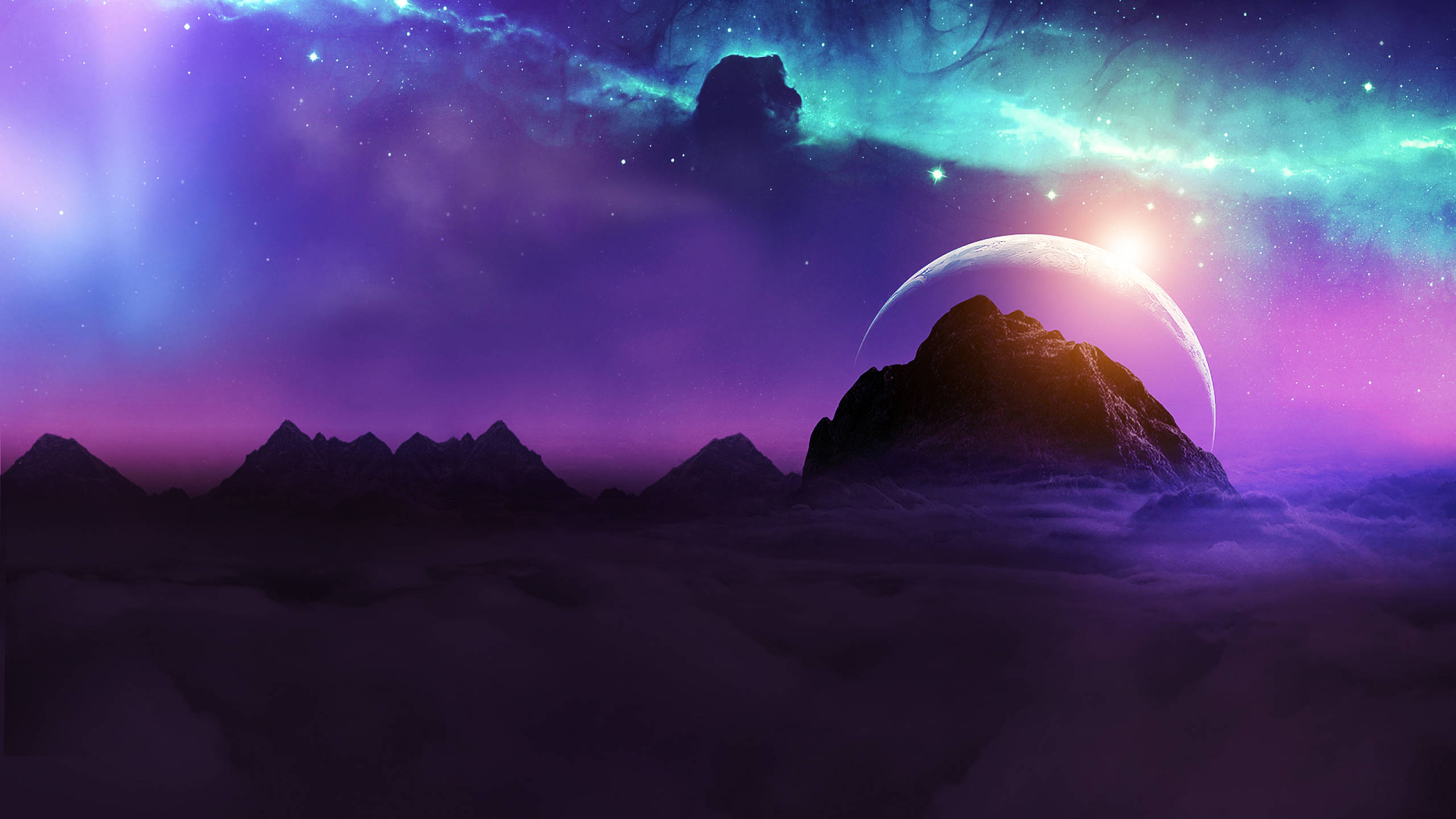 1440p HD 紫色天空月亮映山 壁紙