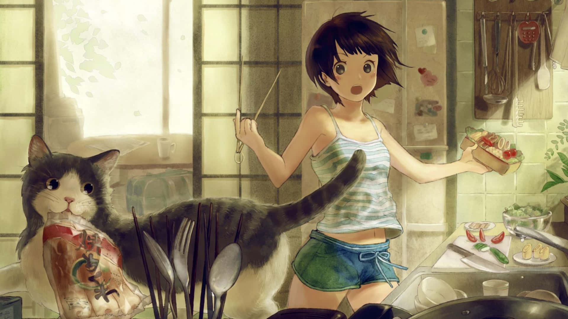 受驚的動漫女孩 1920x1080 廚房背景 壁紙