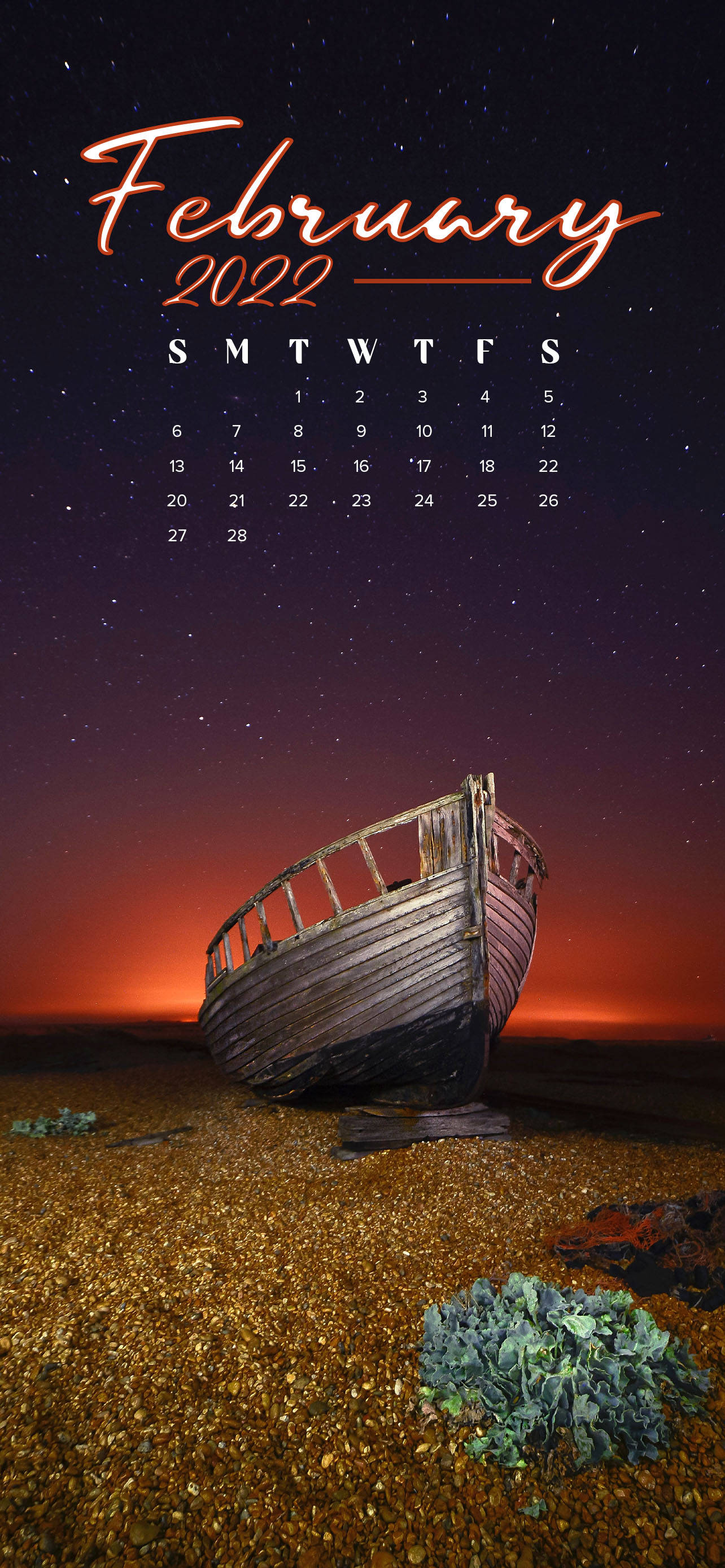 海滩边 2022 年 2 月日历 壁紙