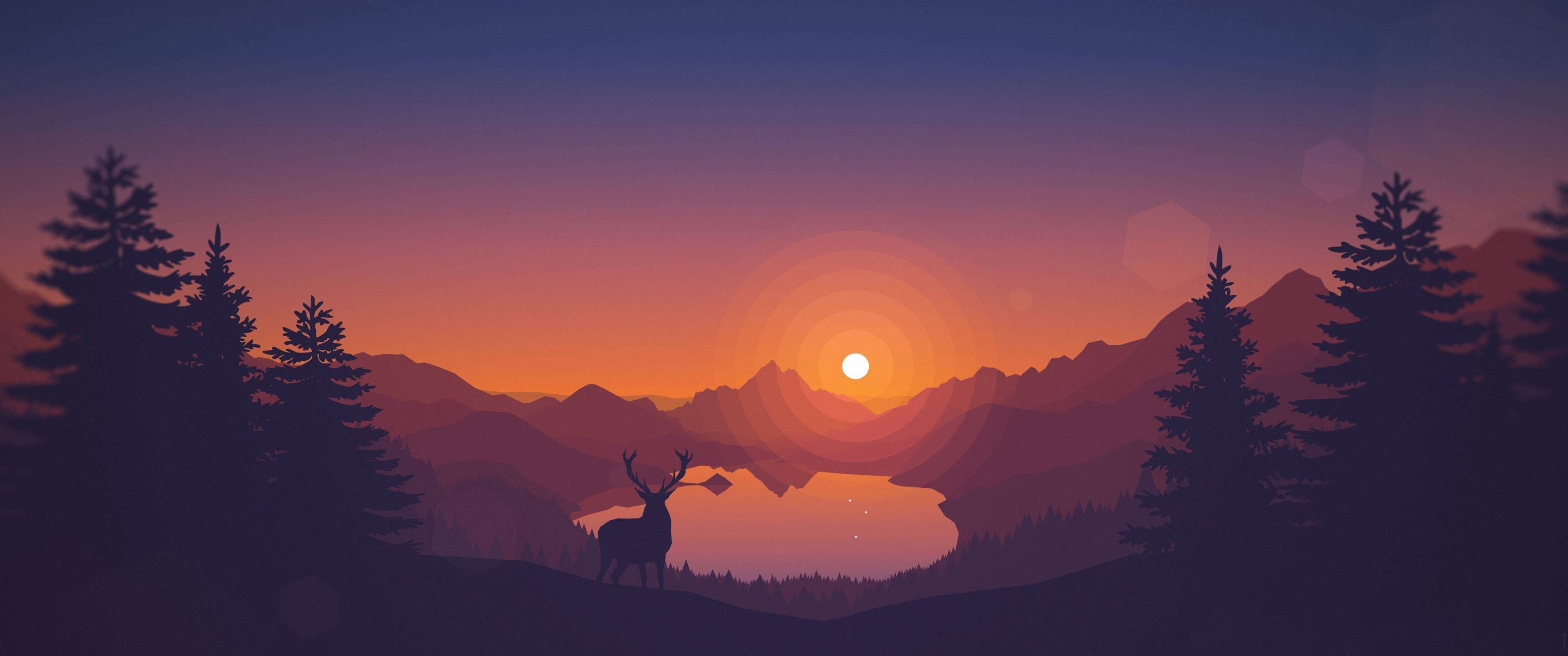 3440x1440 极简日落山谷 壁紙