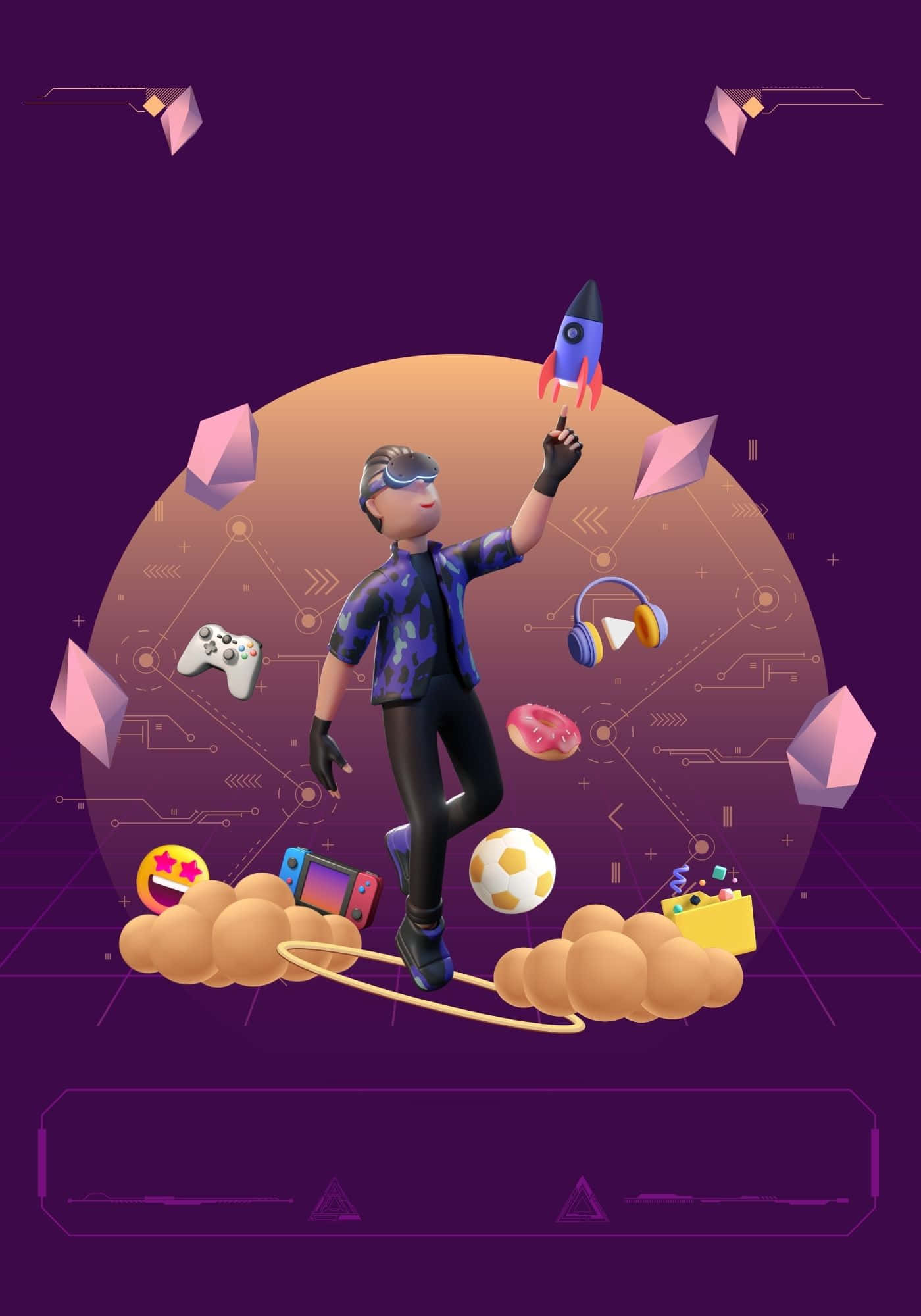 酷炫3D男子與火箭飛船背景 壁紙