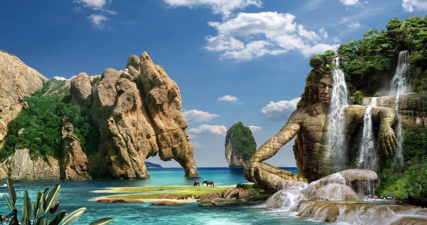 大象與佛陀 3D 自然景觀 壁紙