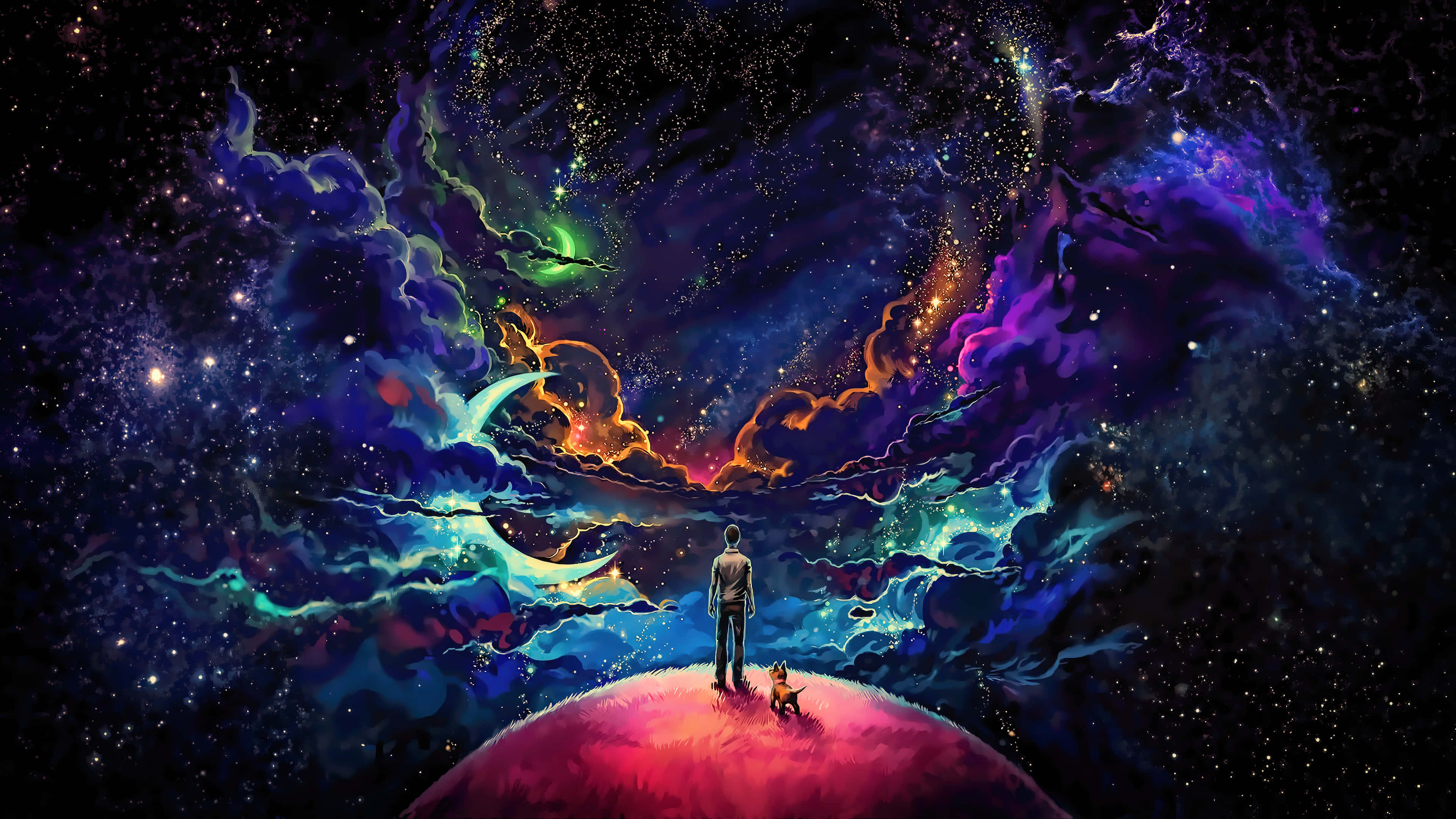 男人、狗與宇宙 4K 背景 壁紙