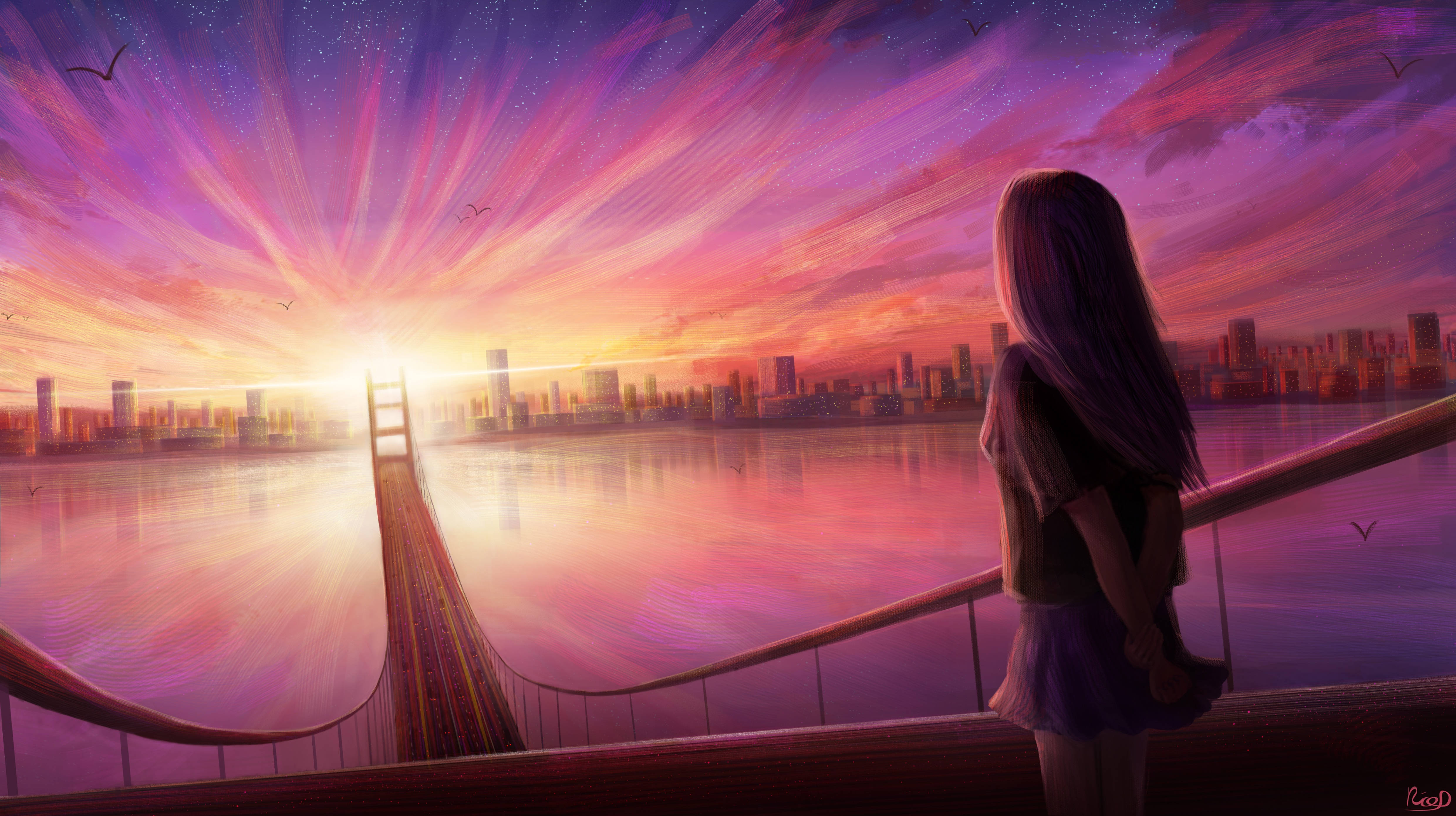 4K 動漫夕陽橋 壁紙