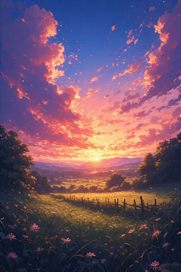 動漫夕陽鄉村風景夢幻鮮豔4K 壁紙