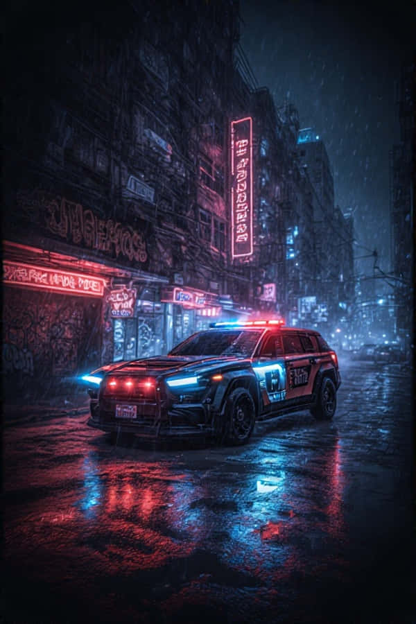 未來警車巡邏霓虹城市 4K 壁紙