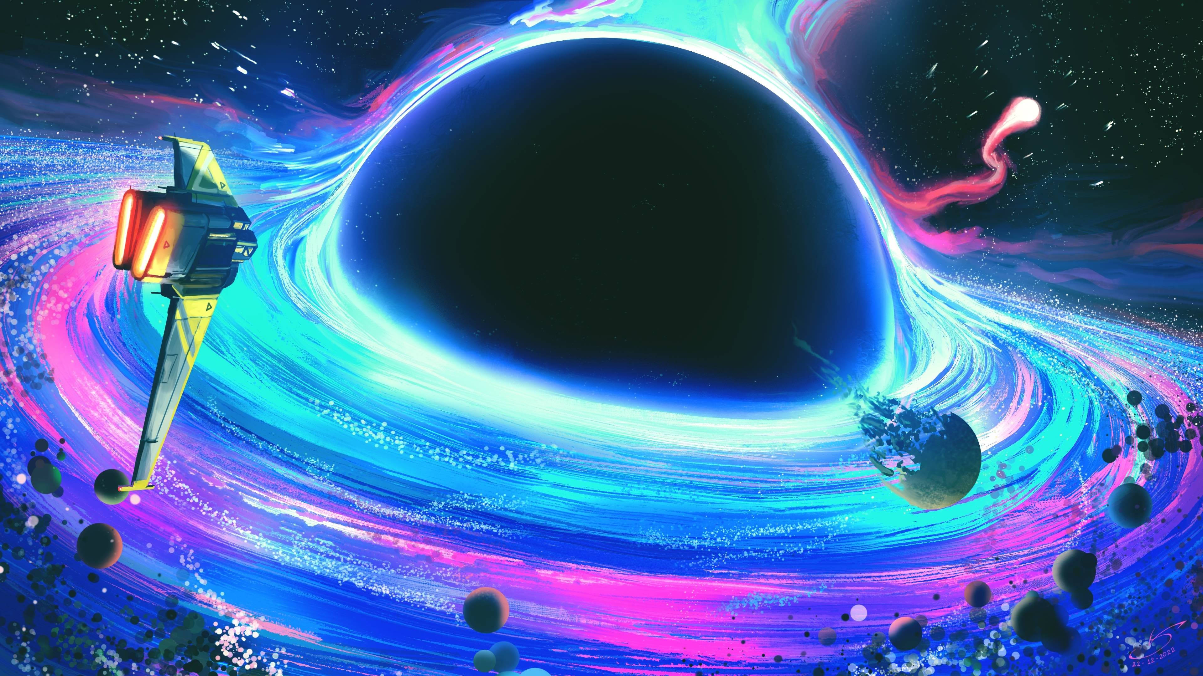 4K 黑洞霓虹太空船藝術 壁紙