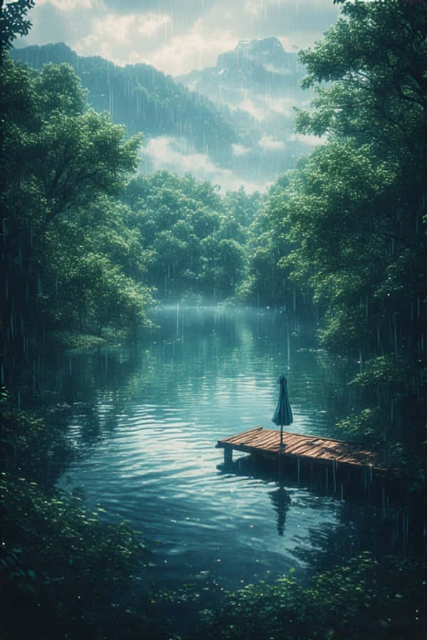 動漫風格雨中綠林湖畔寧靜自然4K 壁紙