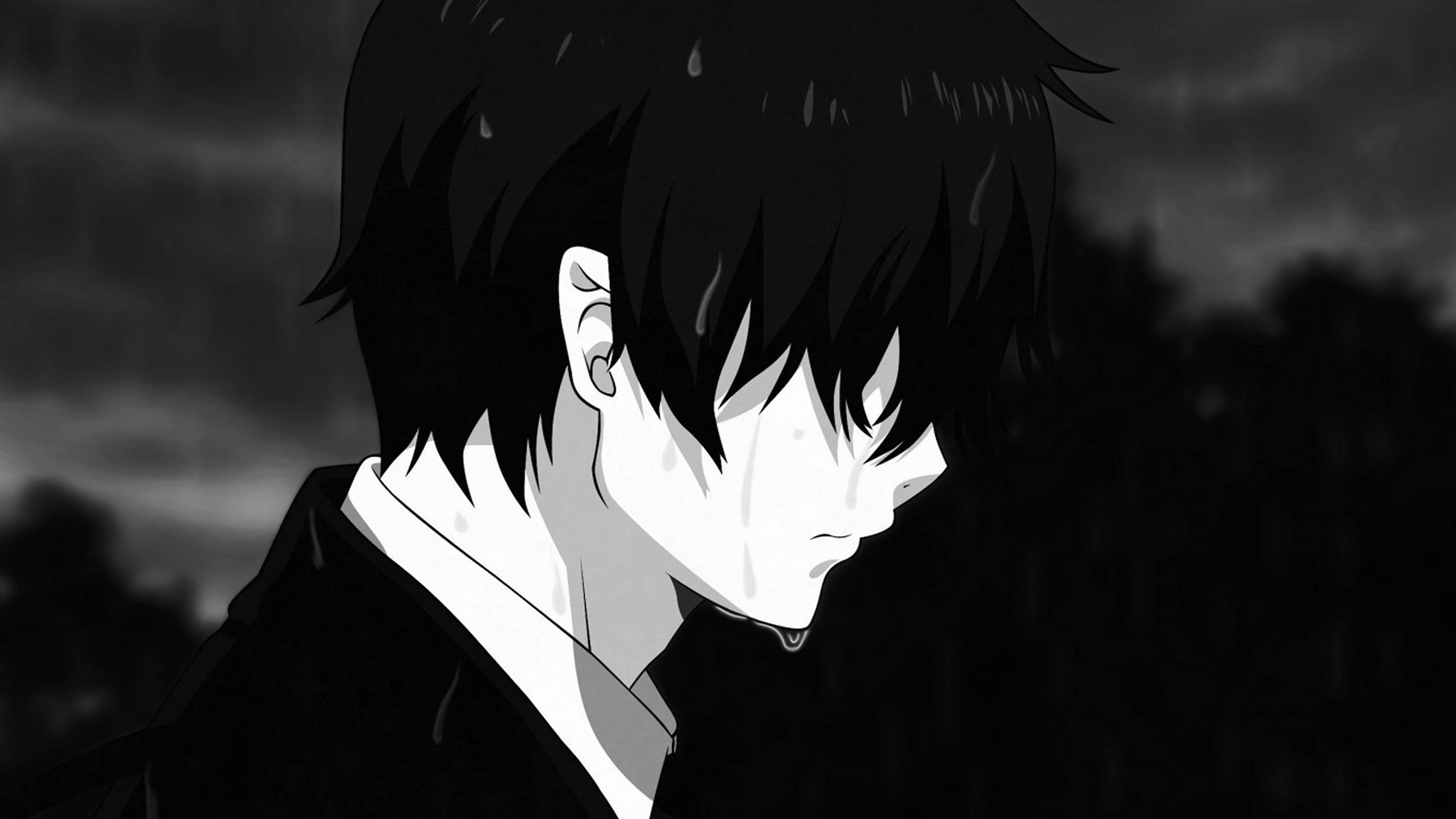 雨中哭泣的悲傷動漫男子 4K 壁紙