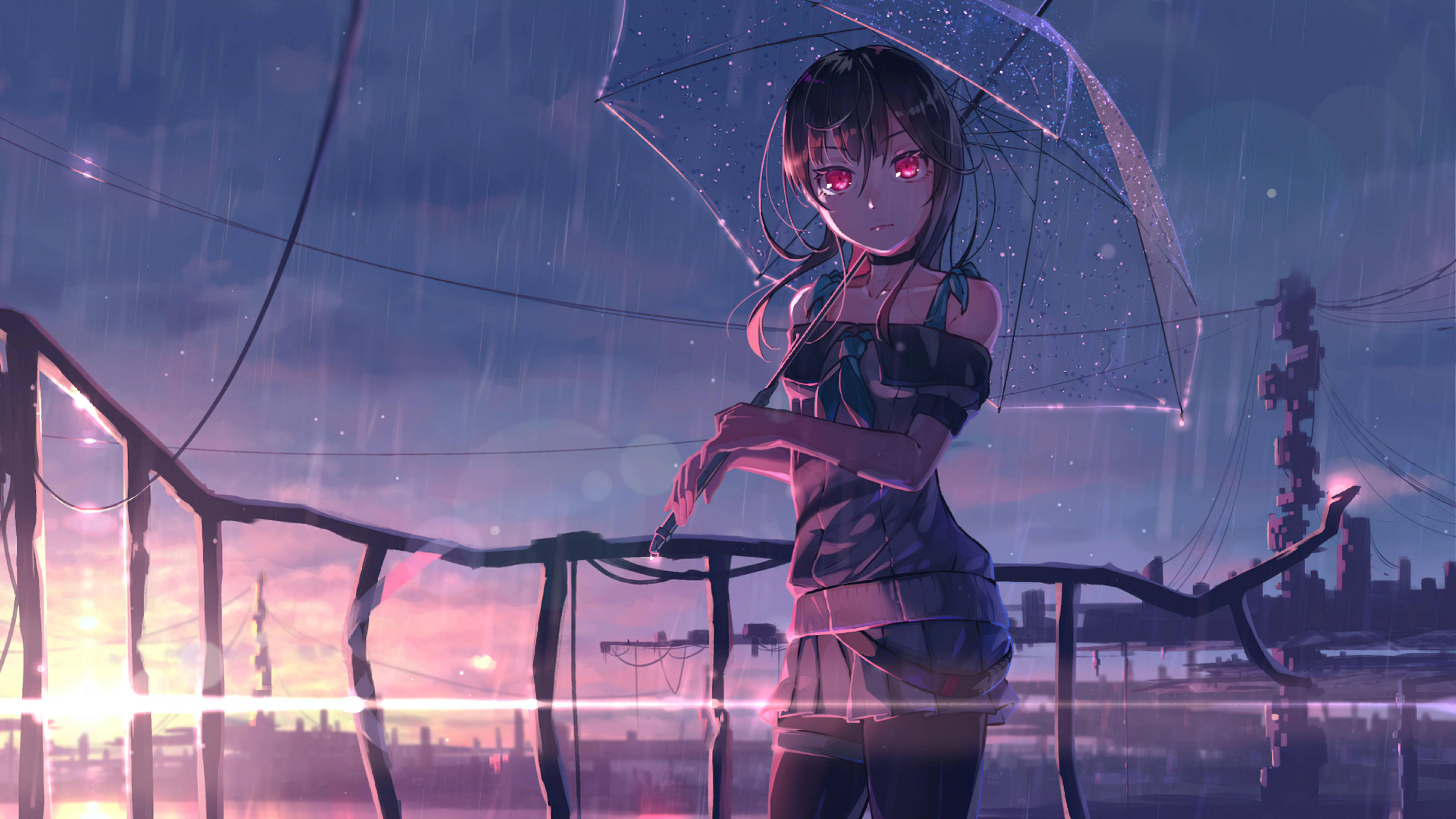 8K 雨中動漫少女 壁紙