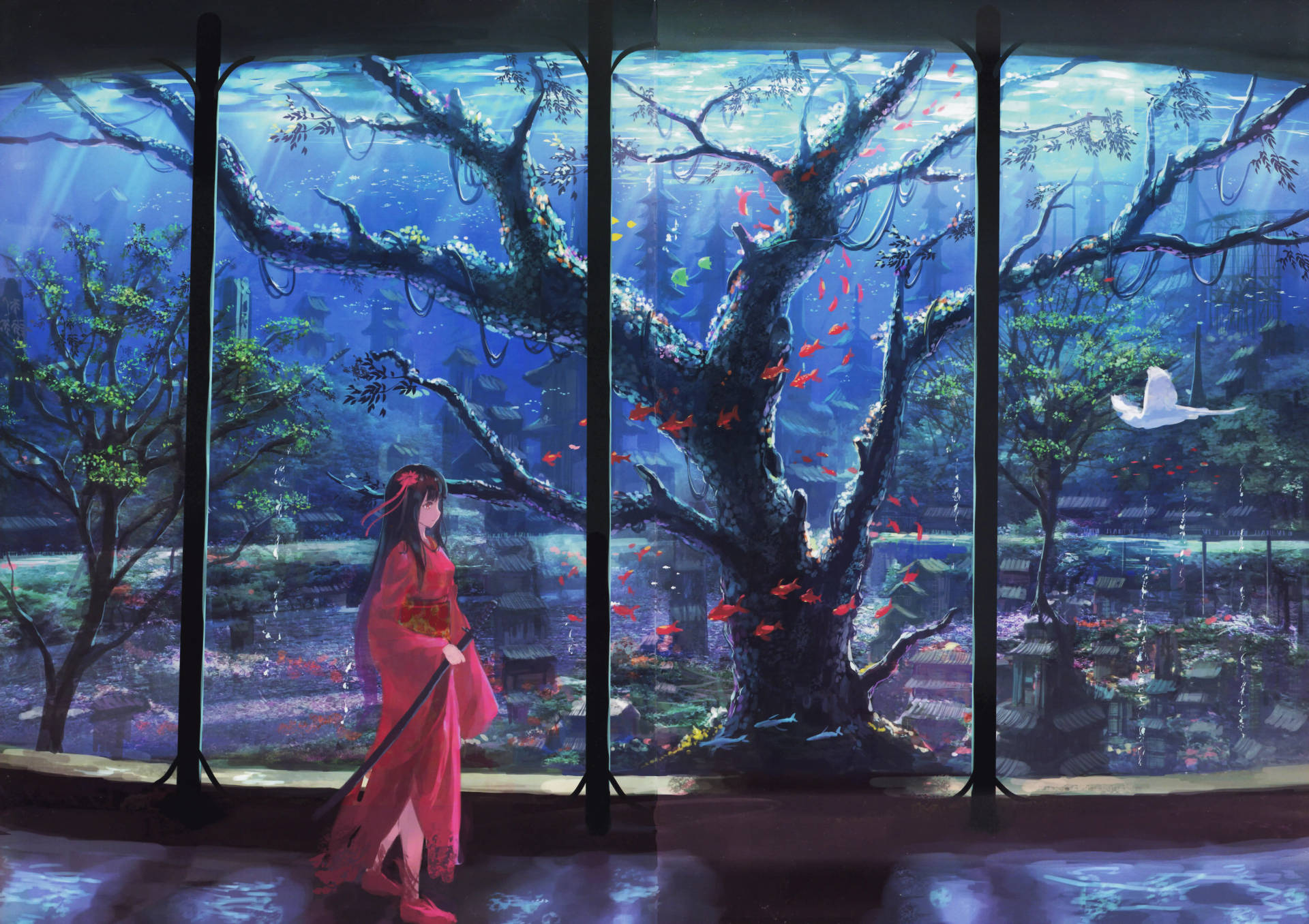 8K 動漫和服與水族館 — 動畫風景 壁紙