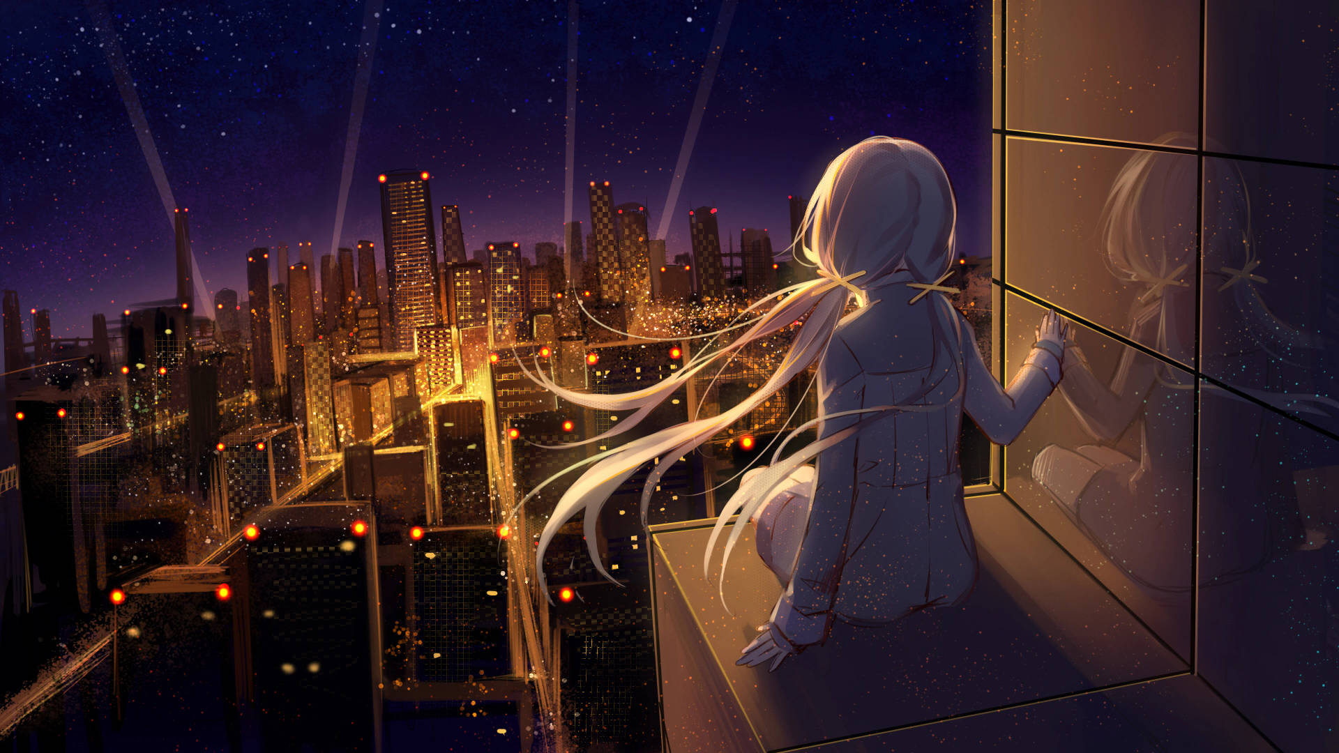 8K 動漫少女俯瞰城市 — 動畫風景 壁紙