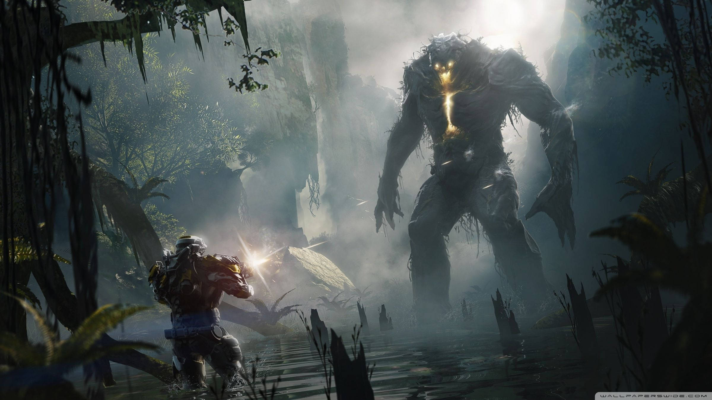 在史诗科幻游戏《Anthem》中，标枪机甲与敌人的对决。 壁紙