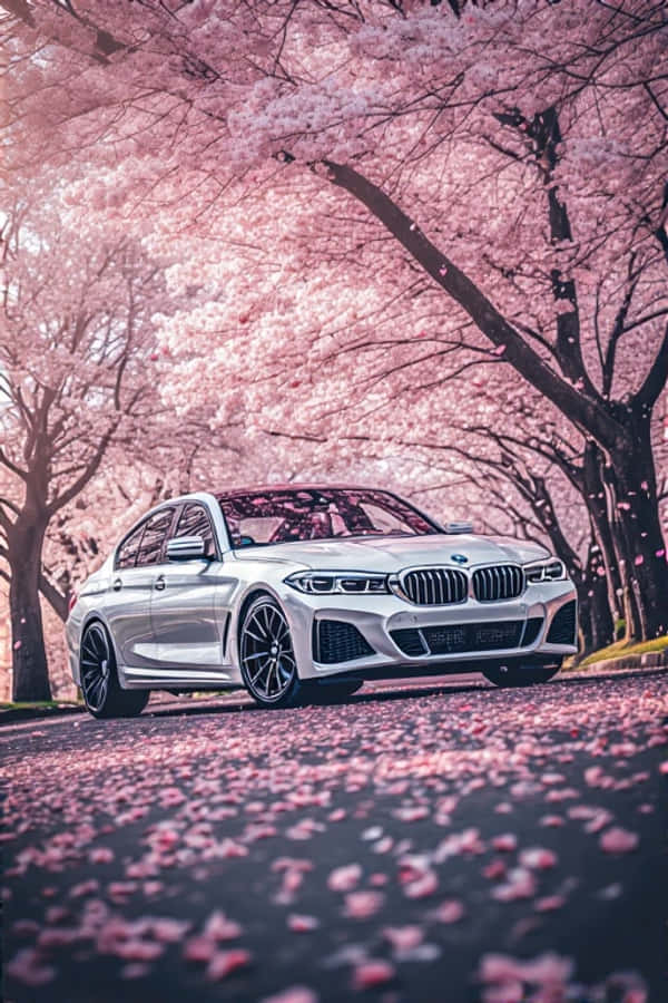 優美春季潔白BMW車款於櫻花下 壁紙