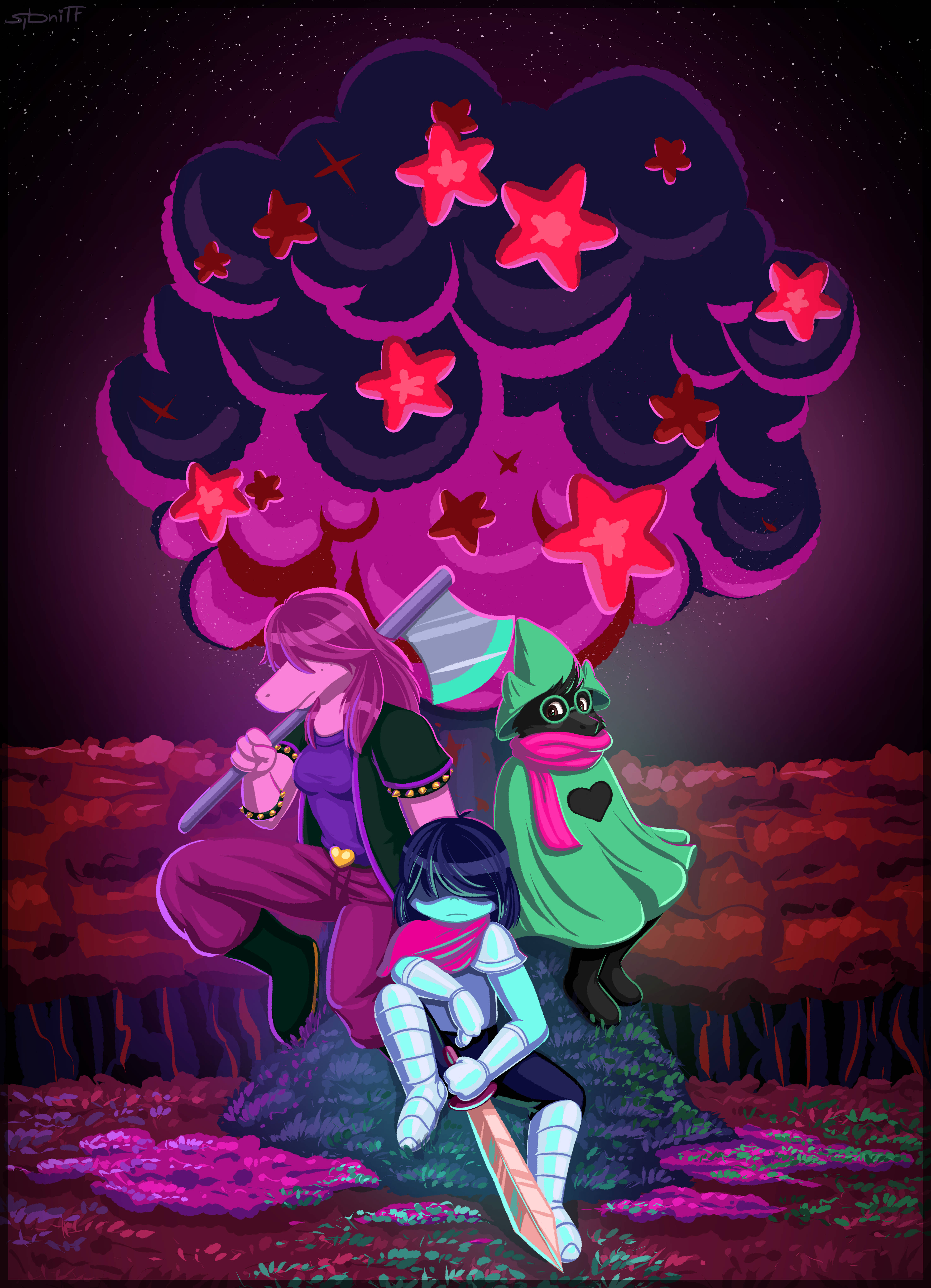 Deltarune 的 Kris、Susie 與 Ralsei 在夜空下 壁紙