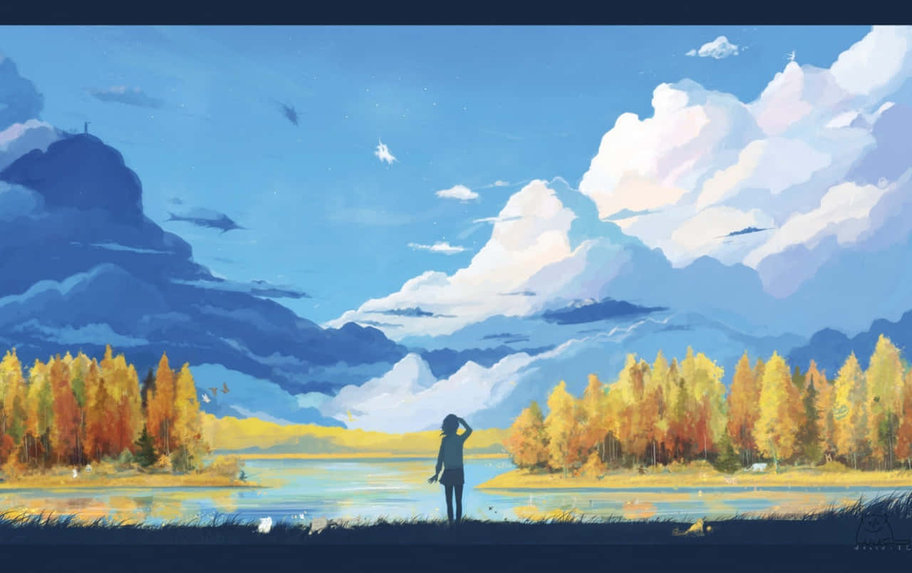 Google 動漫少女面朝河流 壁紙
