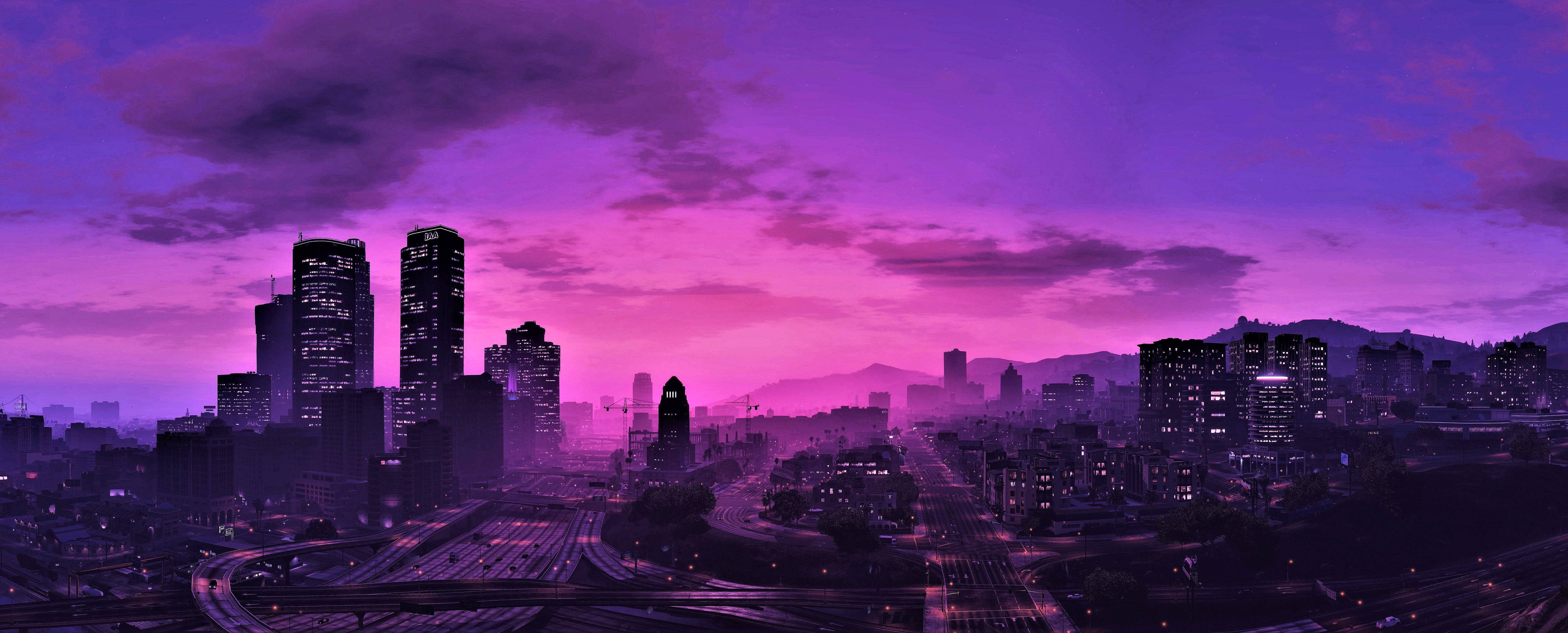 GTA 5 紫色天际线 1080p 游戏壁纸 壁紙