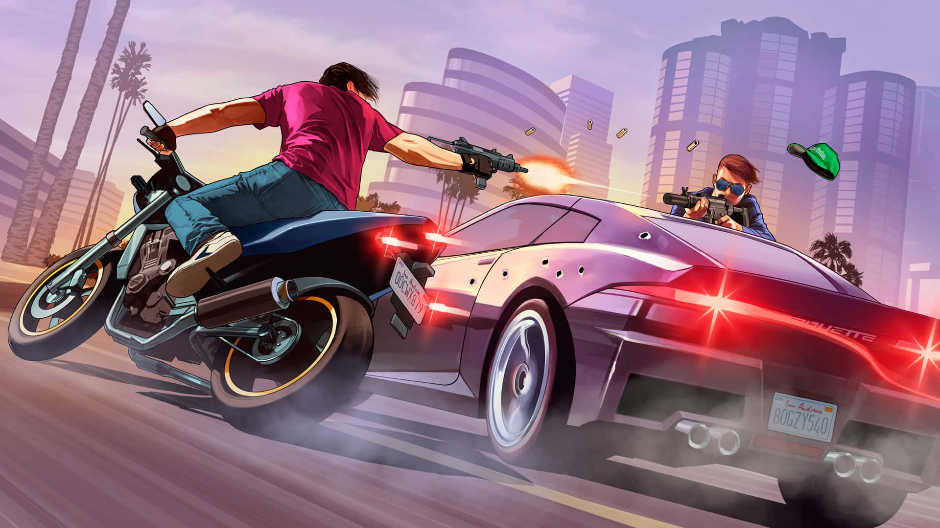 GTA 背景 粉丝艺术 摩托车与汽车枪战 壁紙