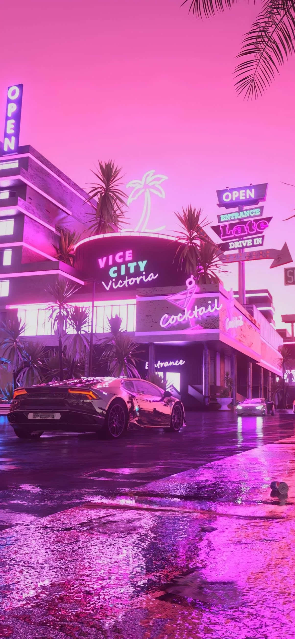 粉色霓虹光《GTA：罪恶都市之夜》蒸汽波背景 壁紙