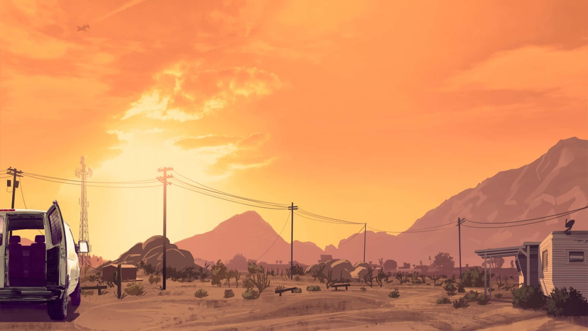 GTA 背景 橙色天空映照山巒 壁紙
