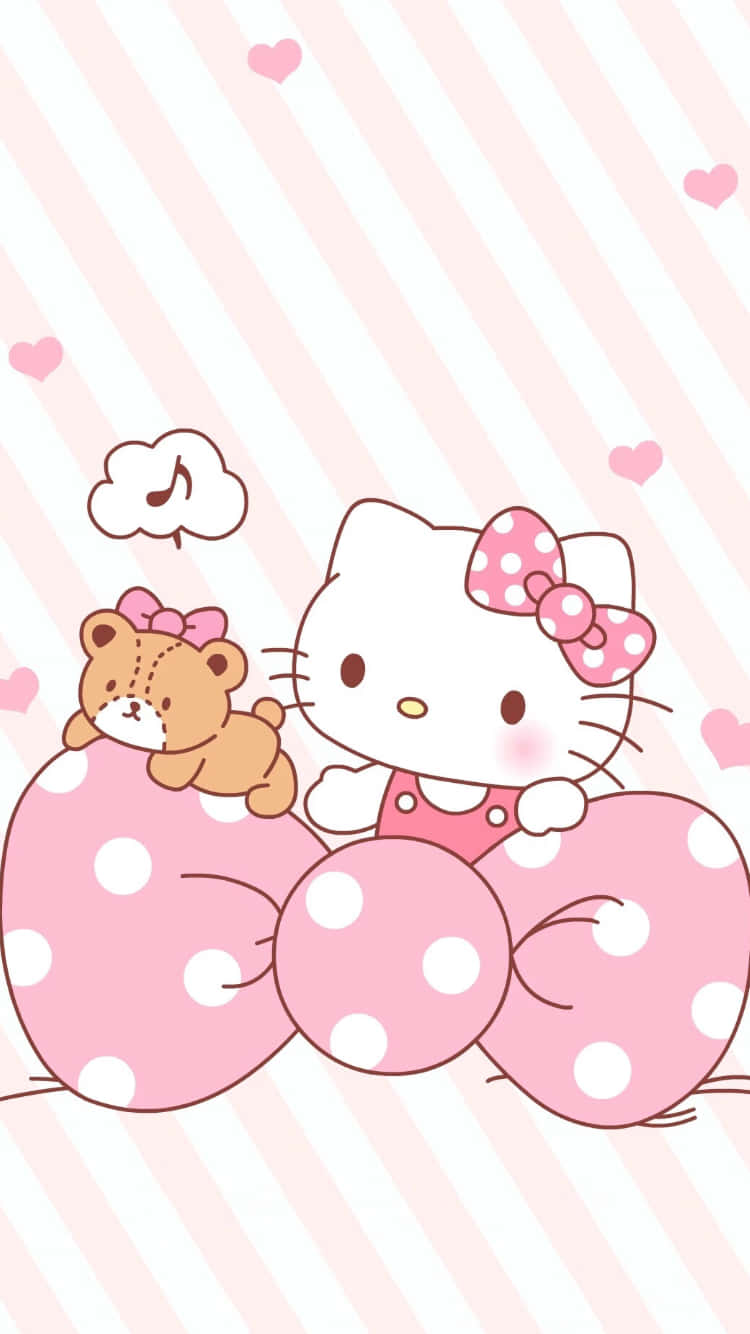 可愛粉紅Hello Kitty圓點蝴蝶結 壁紙