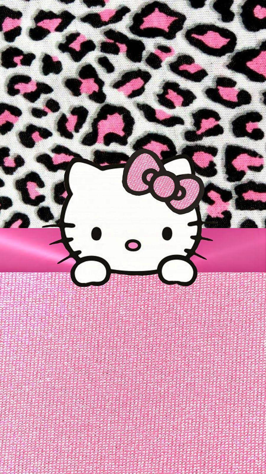 粉紅Hello Kitty搭配豹紋布料 壁紙