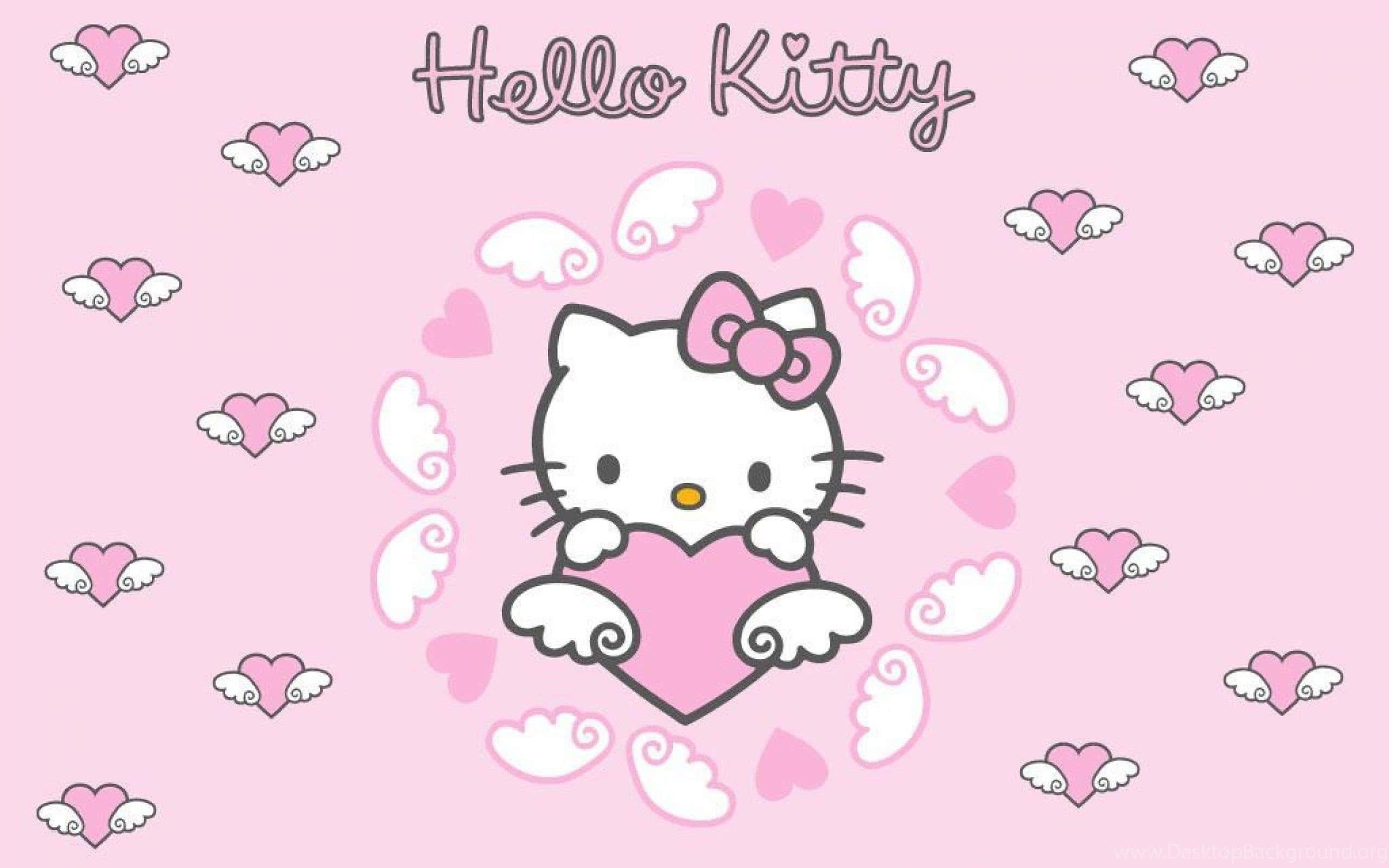 可愛粉紅Hello Kitty愛心翅膀 壁紙