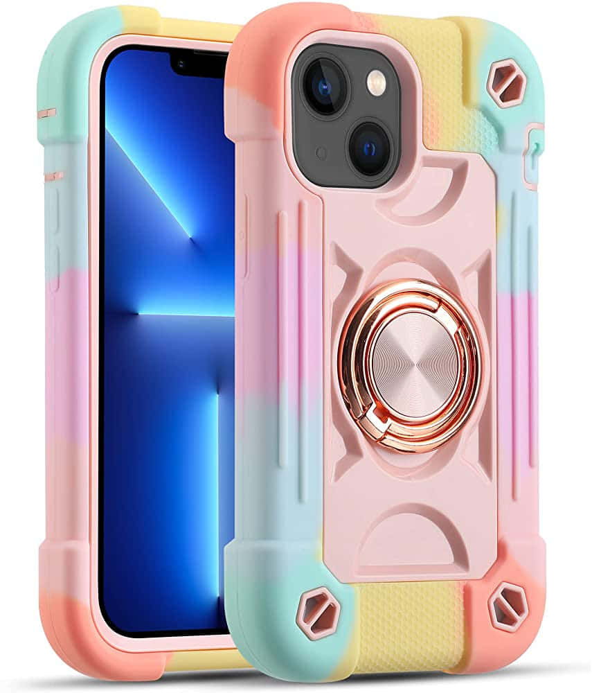 一個色彩繽紛的iPhone 11手機殼，上面附有環形裝飾 壁紙