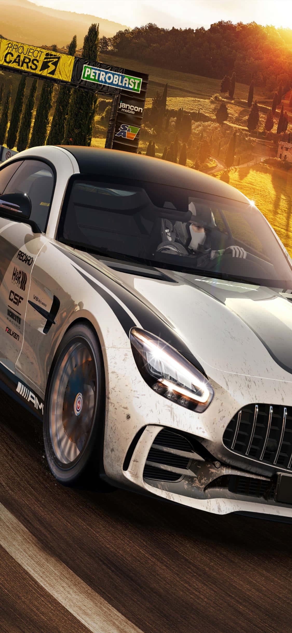 iPhone X《Project Cars》背景：淺灰 Mercedes AMG GT 壁紙