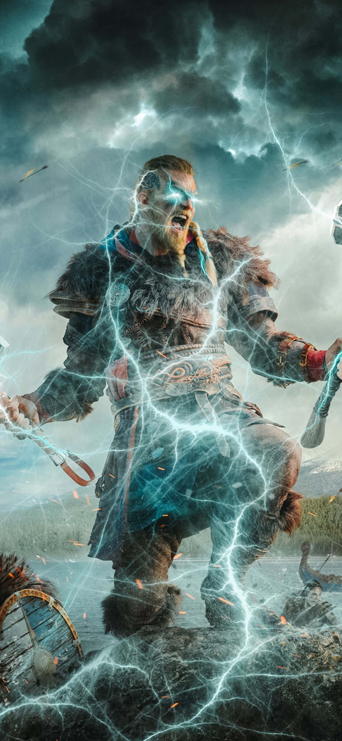 iPhone XS 刺客信条英灵殿艾沃尔闪电效果背景 壁紙
