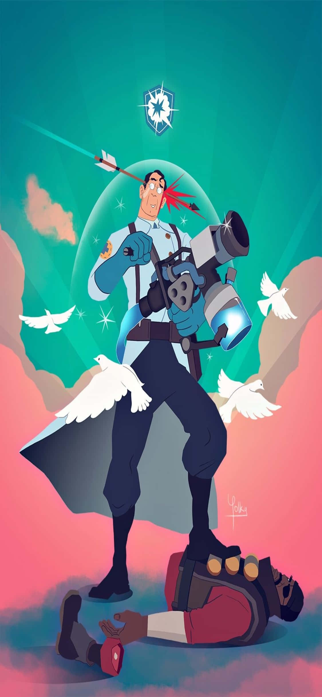 iPhone Xs TF2 背景：醫生站在毀滅戰士身上的粉絲藝術 壁紙