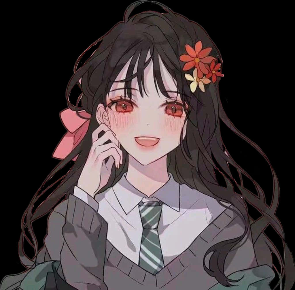 动画女孩花卉发饰微笑.JPG 壁紙