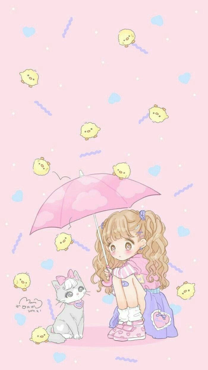 Kawaii 可愛少女與她的貓 壁紙