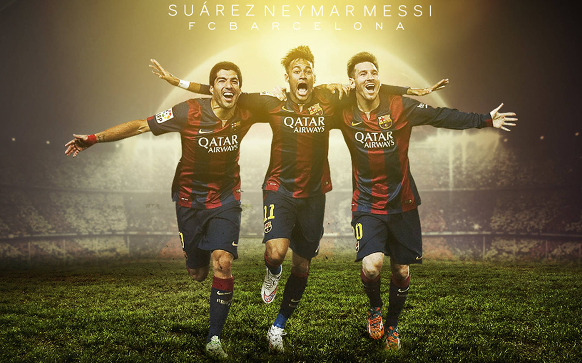 Messi Suarez Neymar 足球三巨頭在球場奔跑桌布