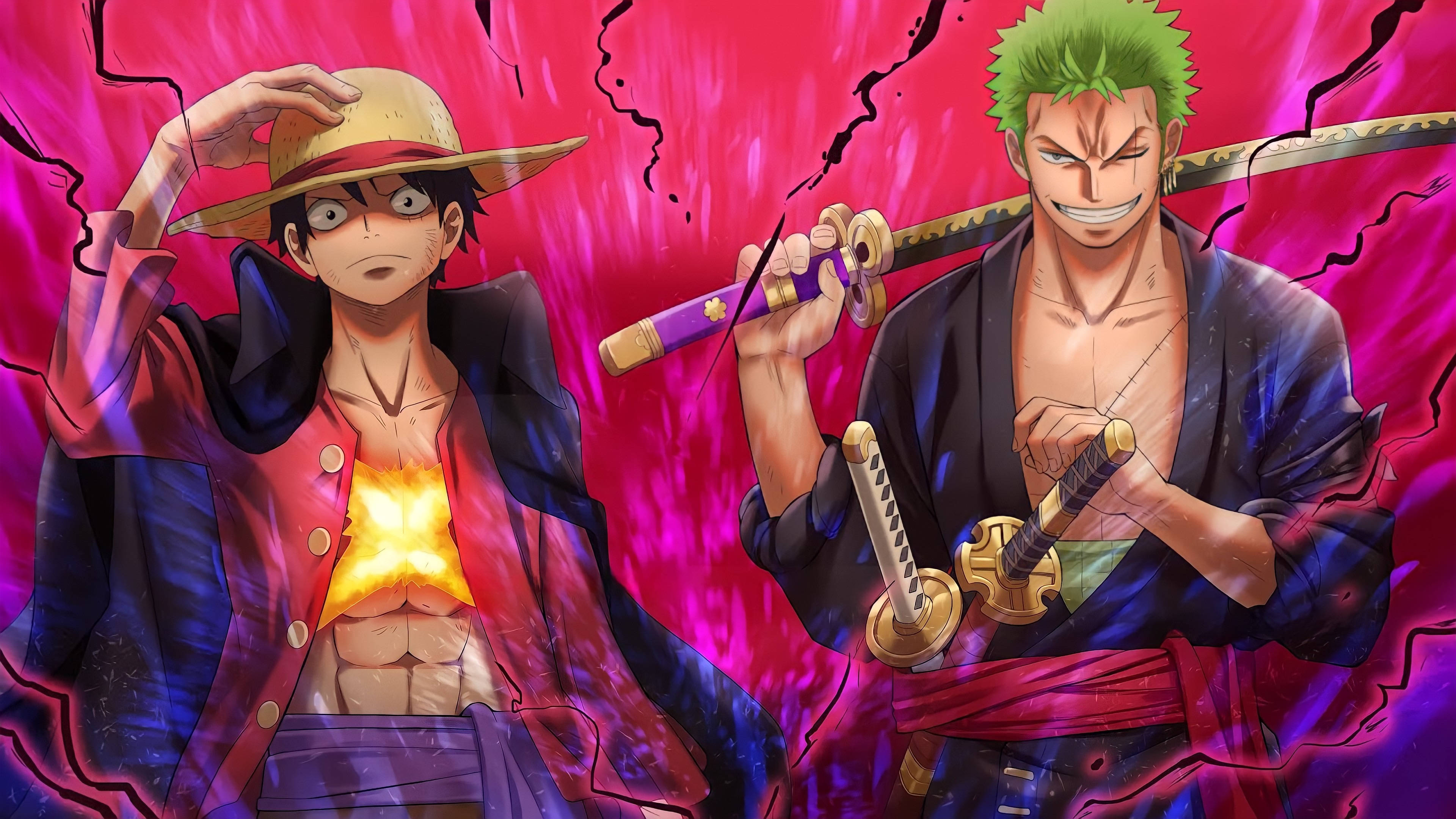 Luffy Zoro 粉紅狂熱藝術桌面 壁紙