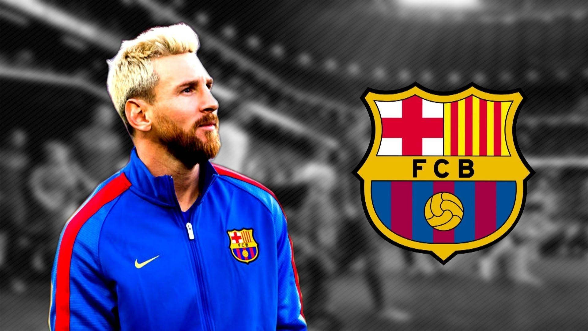 Lionel Messi 在灰階影像中與 FCB 標誌桌布