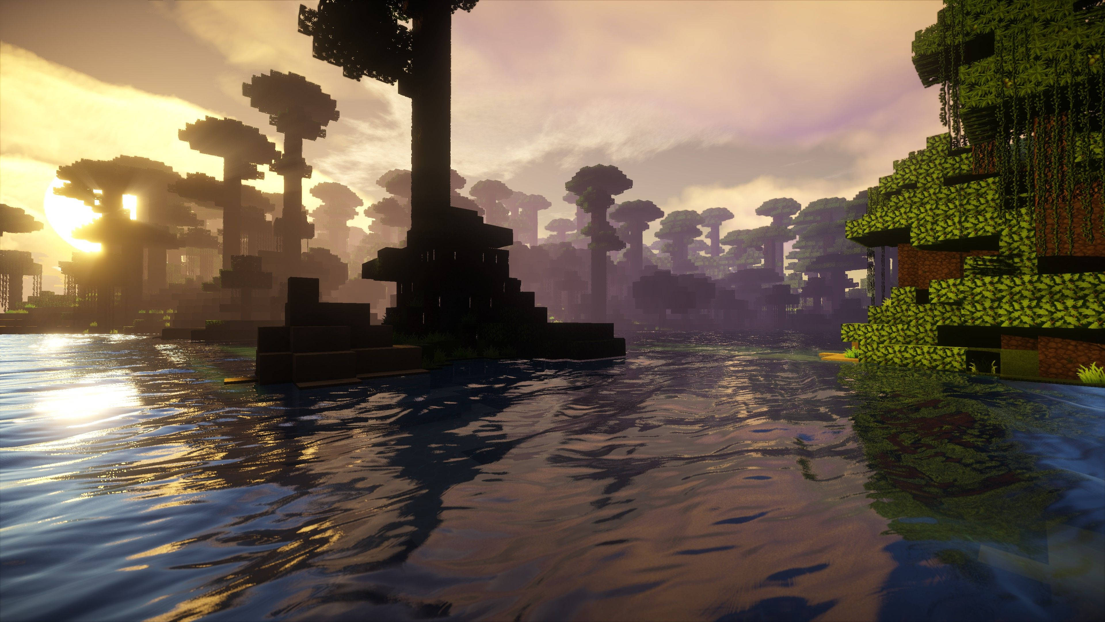 陽光灑落的Minecraft森林寧靜傍晚 壁紙