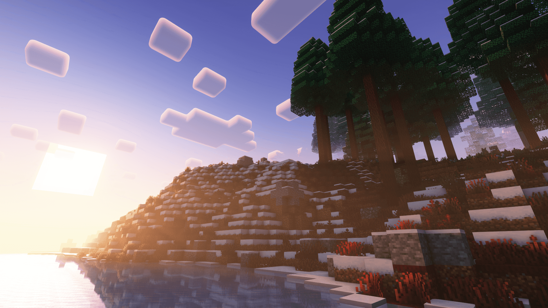 Minecraft 冬季日落與樹林旁 壁紙