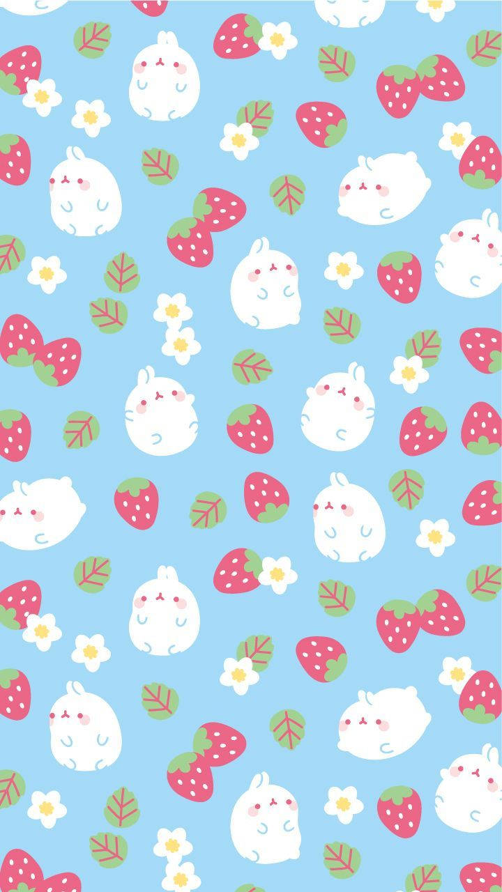 Molang 與草莓卡哇伊封面桌布。 — 卡哇伊 壁紙