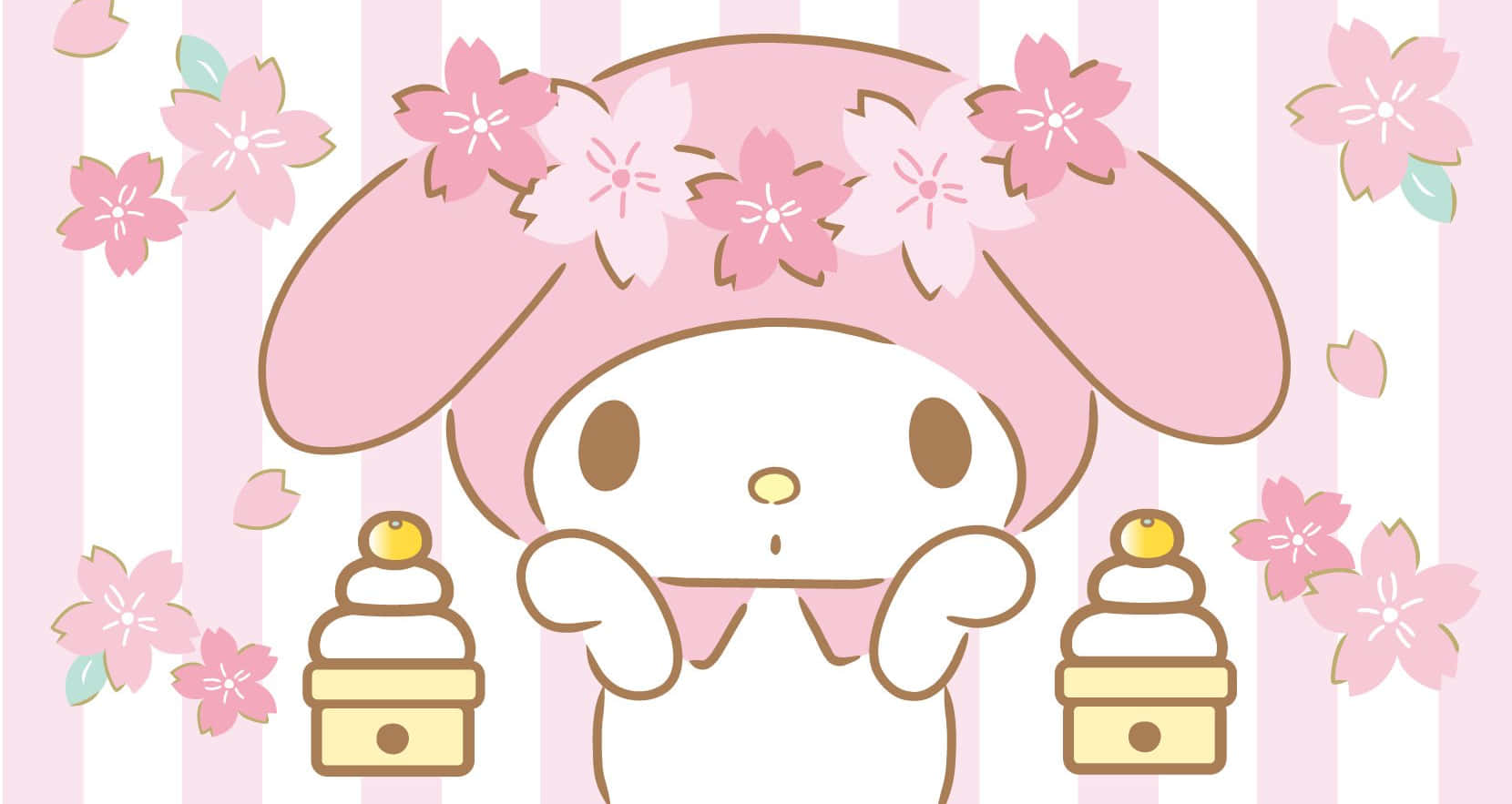 My Melody 桌面蛋糕與粉色花朵 壁紙