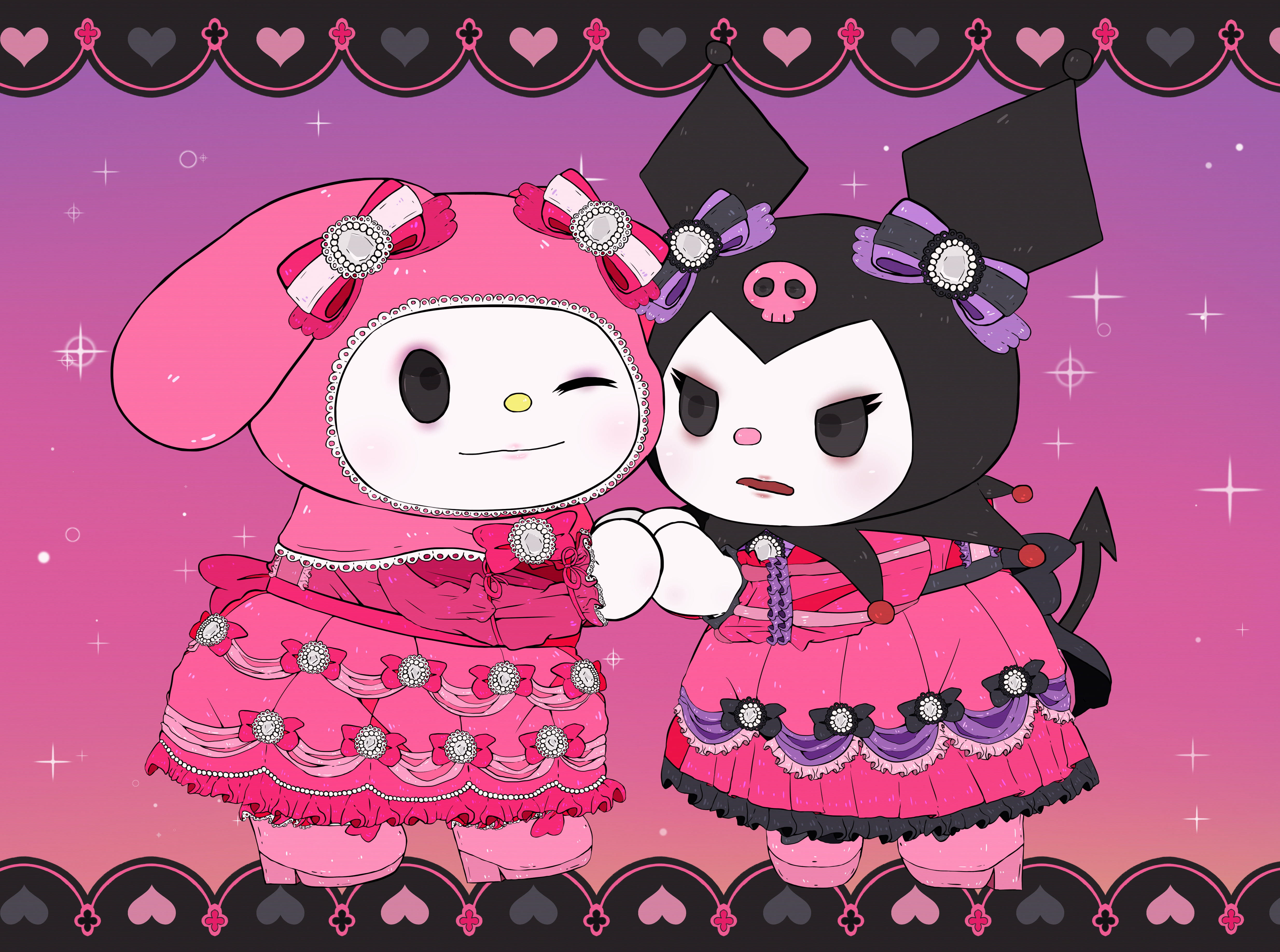可愛的My Melody與Kuromi身穿粉紅禮服 壁紙