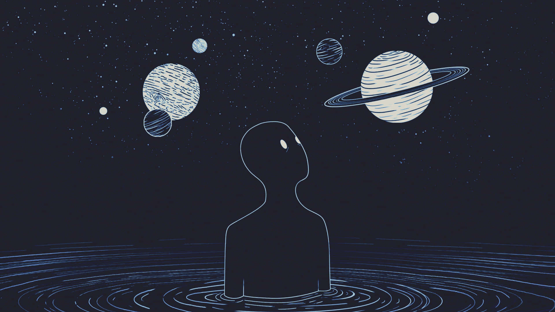 獨立美學風格PC繪圖：凝視行星的男子 壁紙