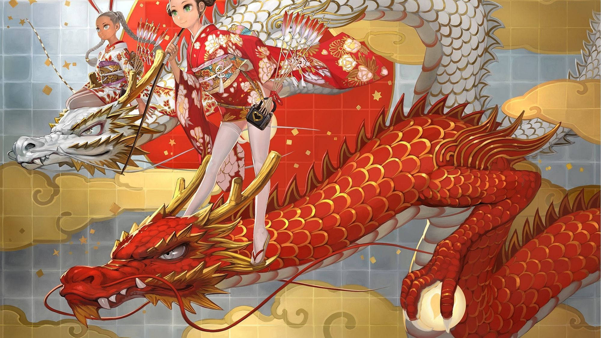 紅白雙龍日本龍PC桌布 壁紙