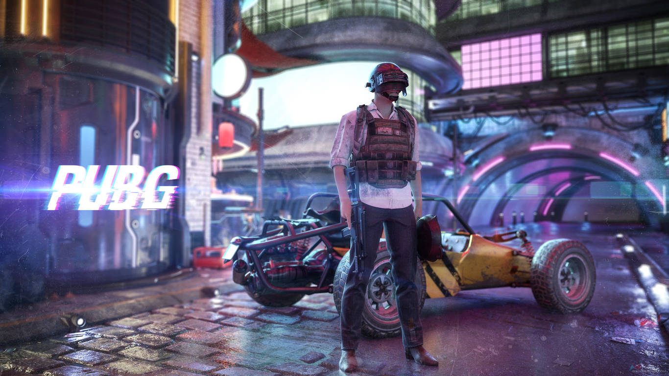 霓虹城市中的维克托 PUBG 1366x768 壁紙