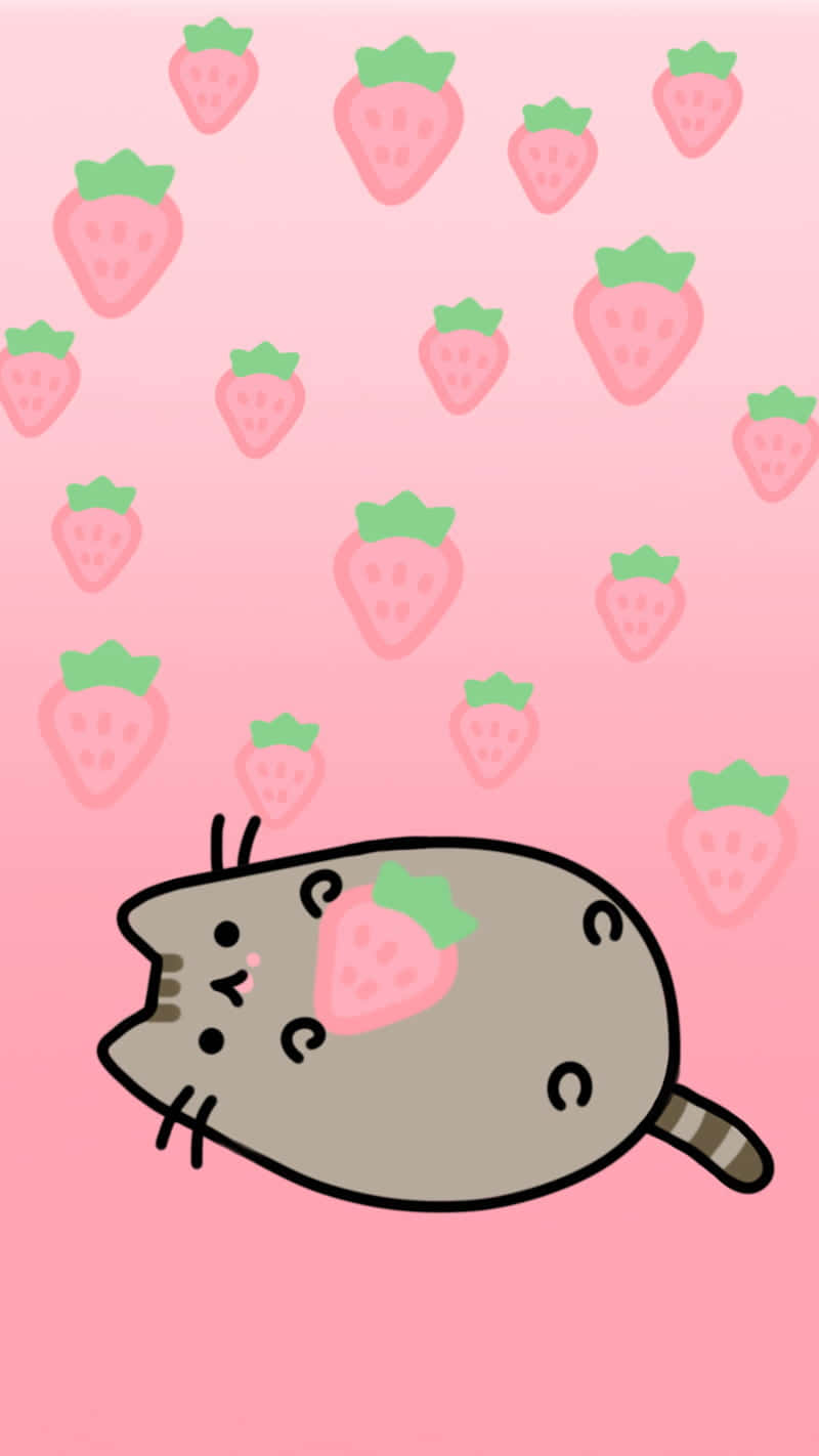 Pusheen 與粉彩可愛草莓 壁紙