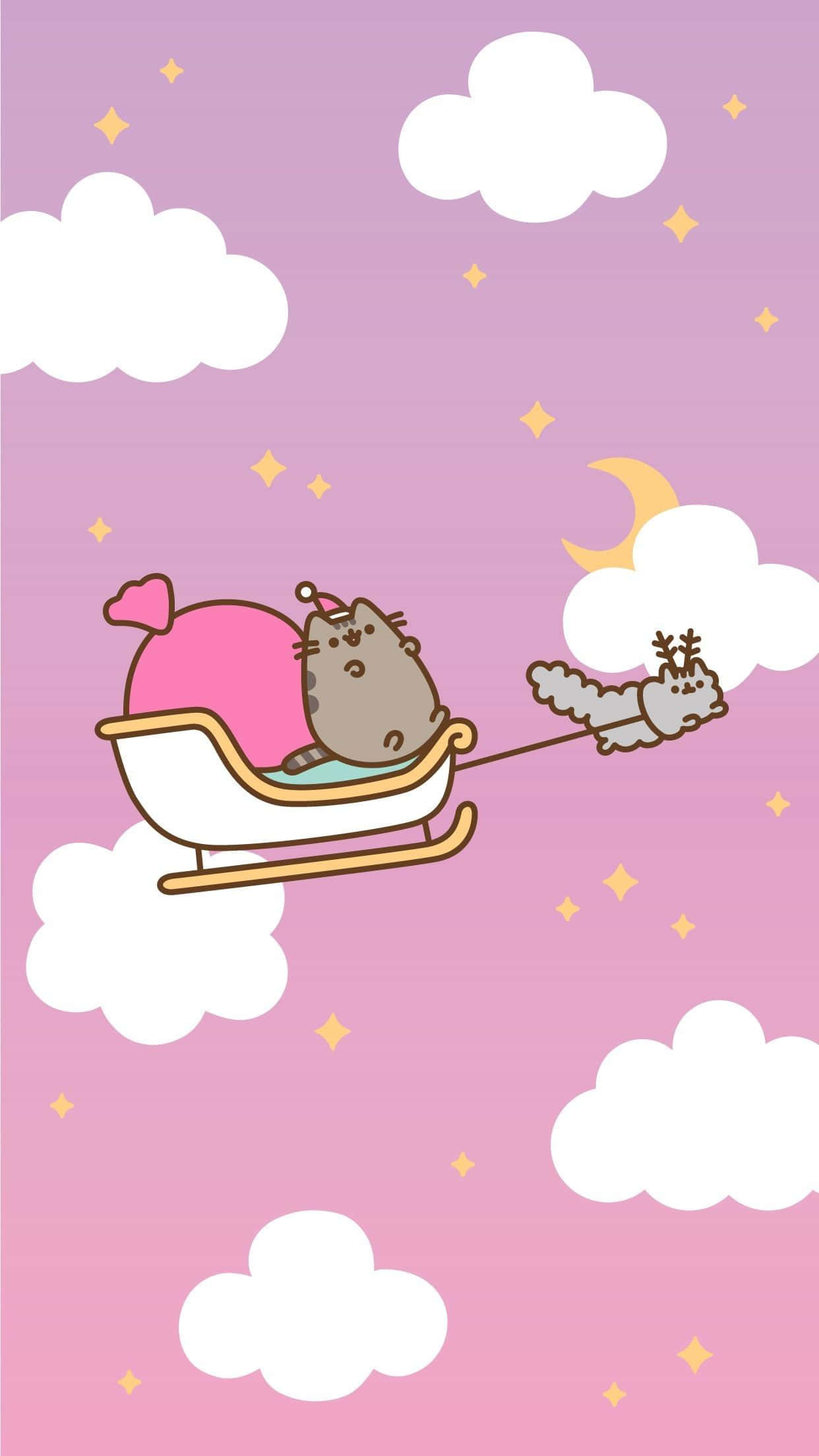 粉紅聖誕節 Pusheen 貓雪橇 壁紙