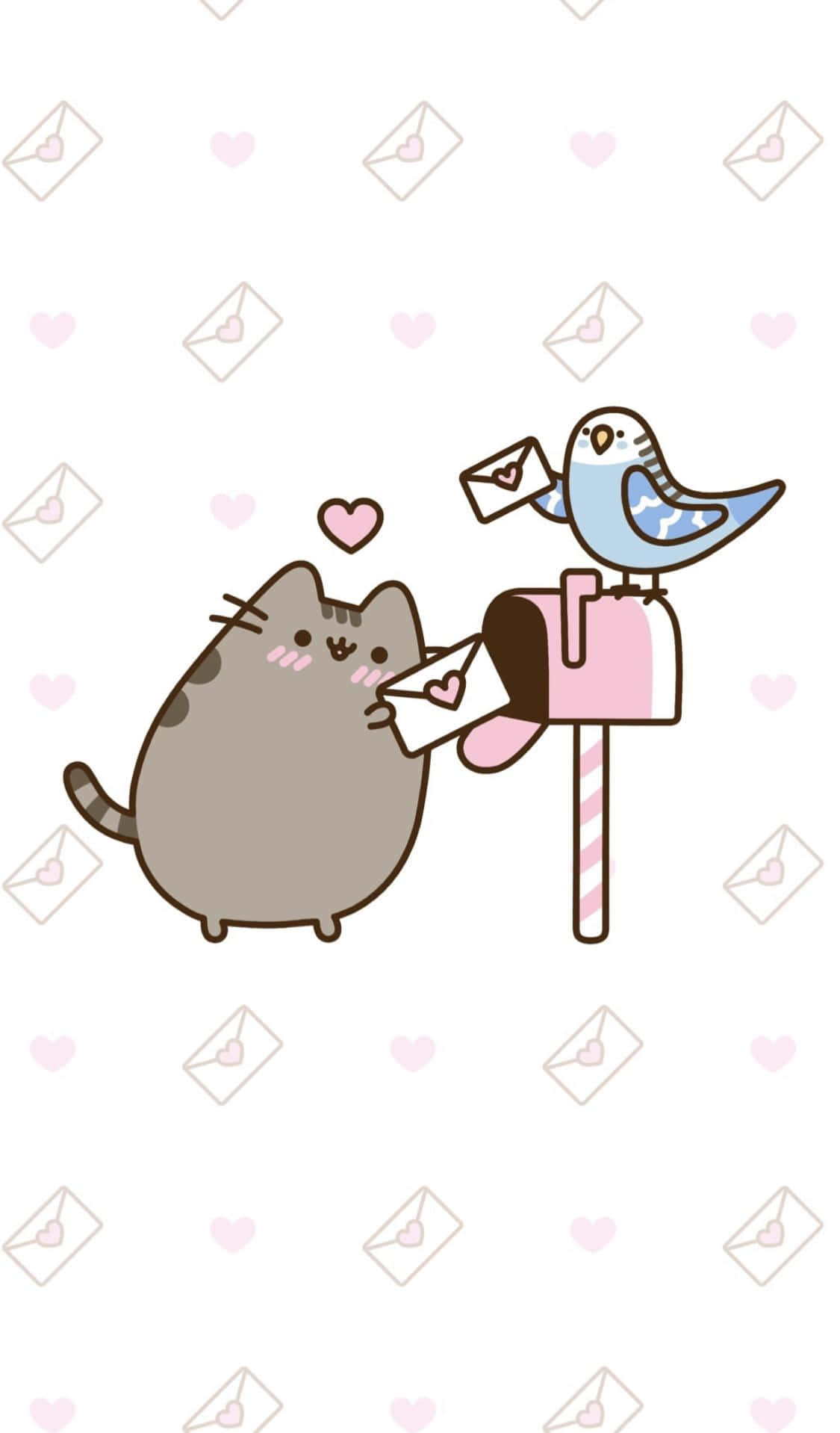pusheen 猫和鸟在信箱里 壁紙