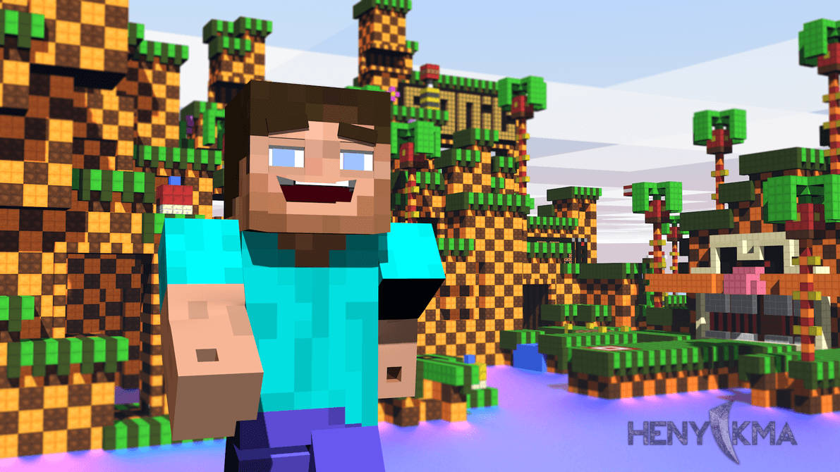 「笑臉 Steve 在 Minecraft 方塊世界中享受陽光」 壁紙