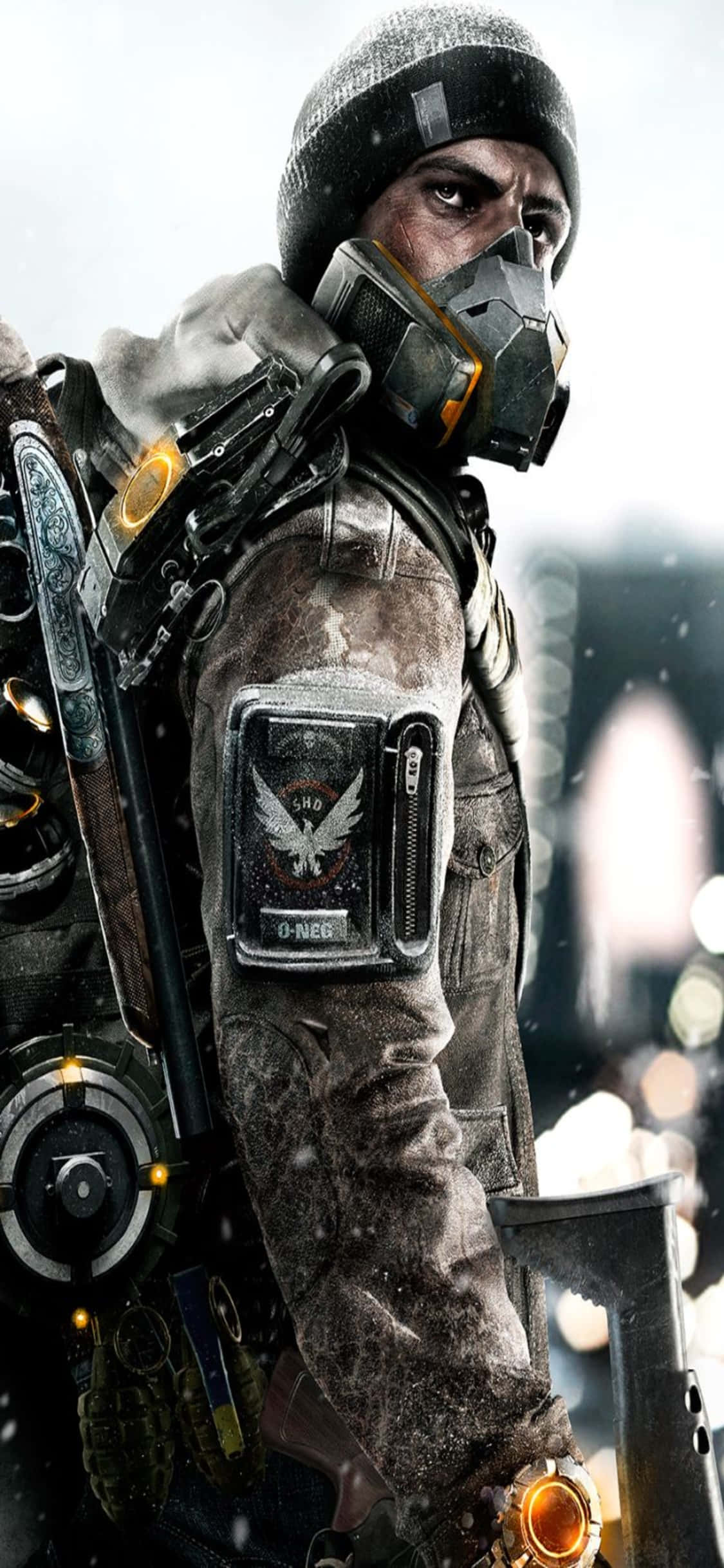 《The Division》iPhone XS 背景：雪中戴着防毒面具的男子 壁紙
