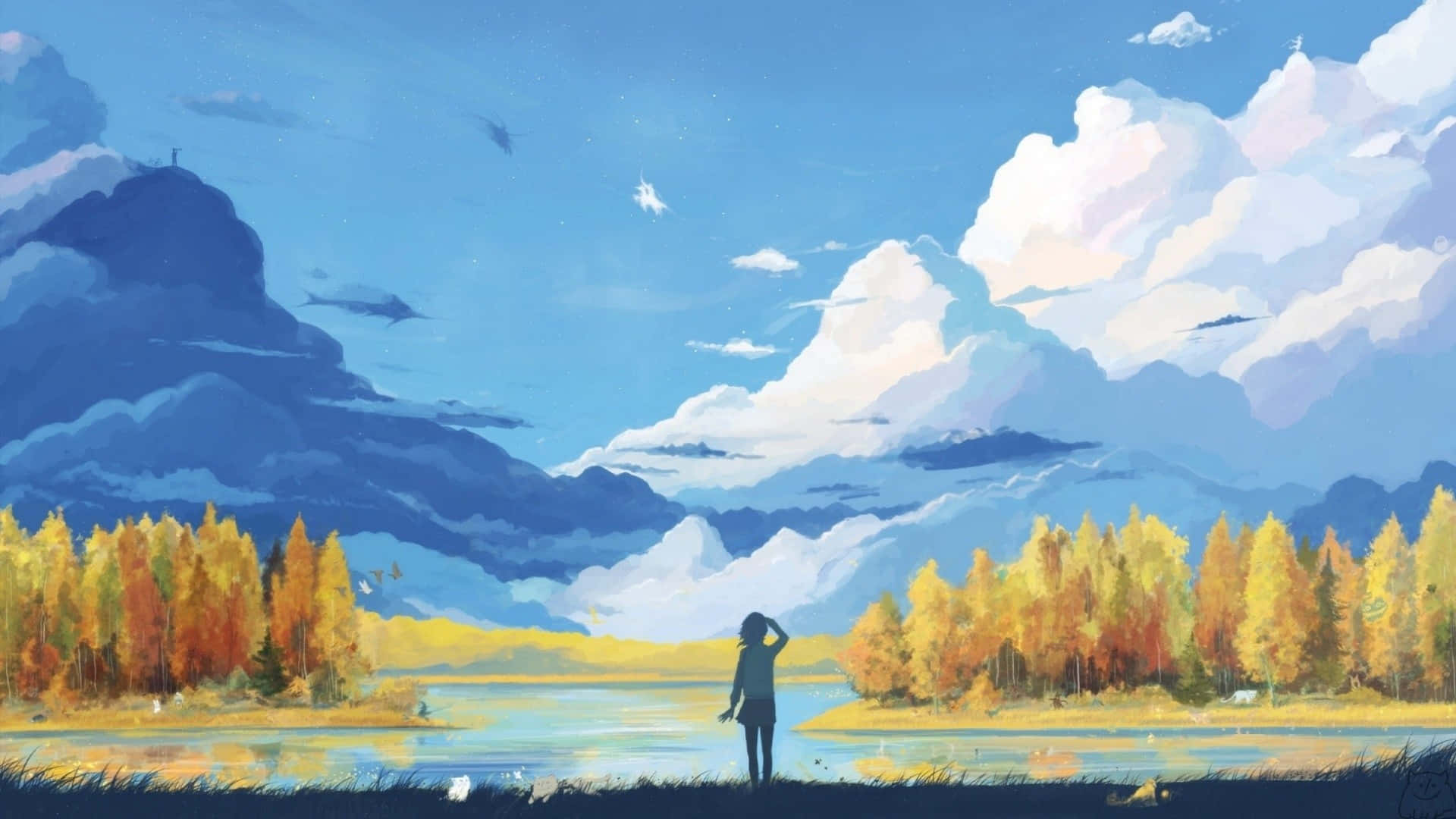 一個人站在有樹木和雲朵的田野中的畫作 壁紙
